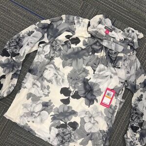 Vince Camuto Vivid Hues Floral Print Bow Neck Blouse Ivory Black Size S‎